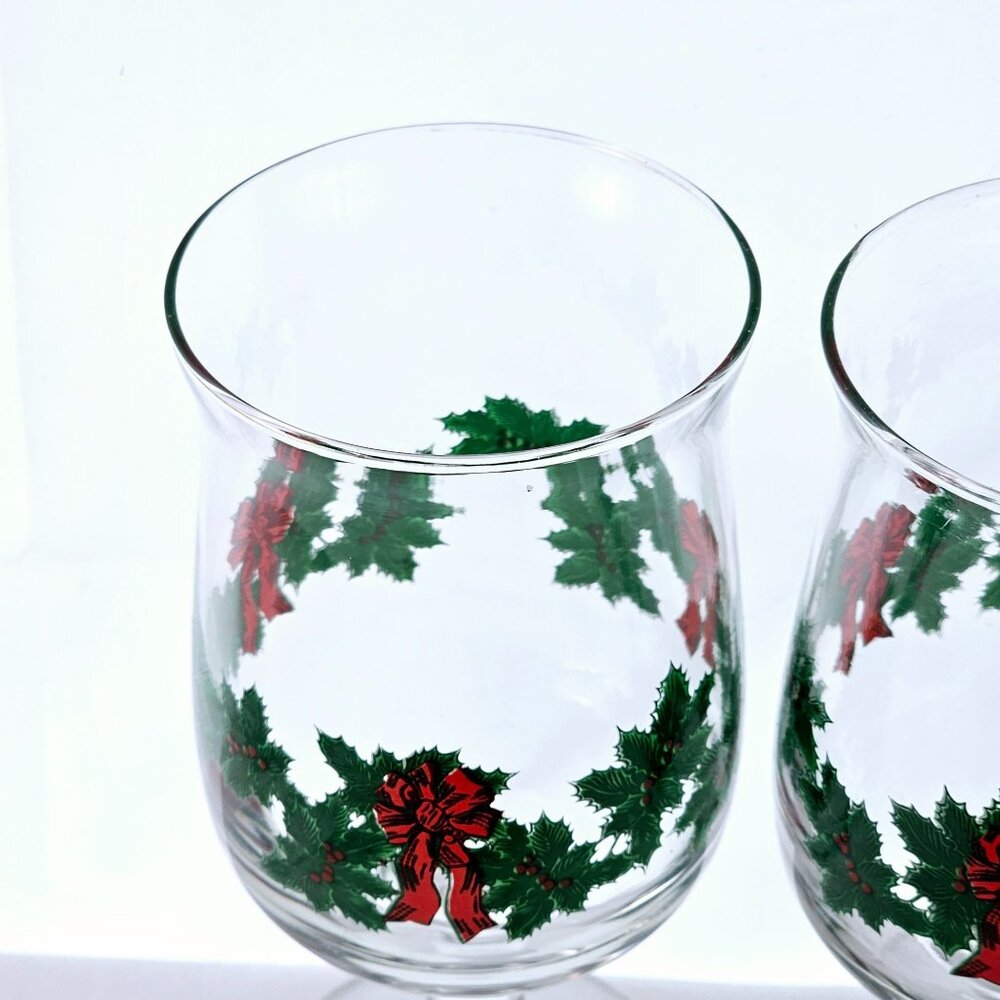 Libbey Christmas Holly Red Bows Water Wine Glasses 6.25" set/2 fluffy greenery - Picture 7 of 9